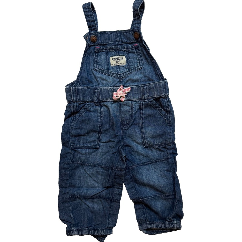 OshKosh BGosh Baby Girls 9M Denim Overalls Snap Bib Pink Bow